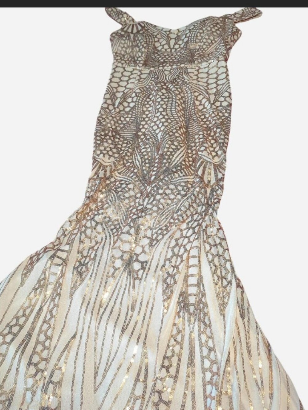 Elegant Ivory and Gold Sequin Evening Dress